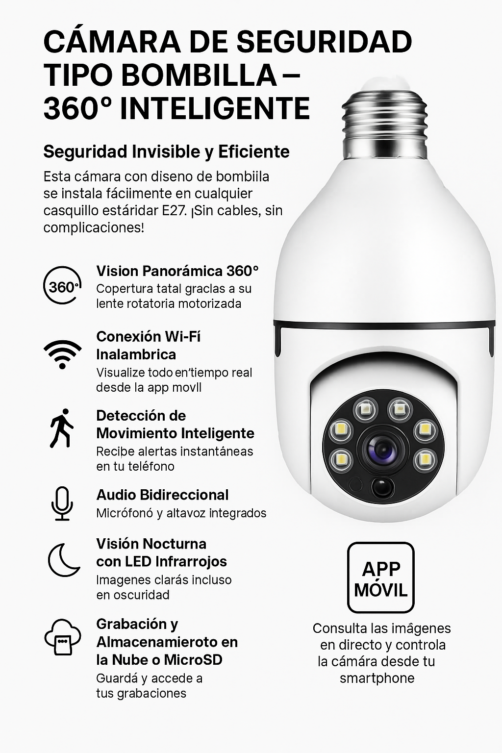 Cámara de Seguridad Inteligente adaptador bombilla